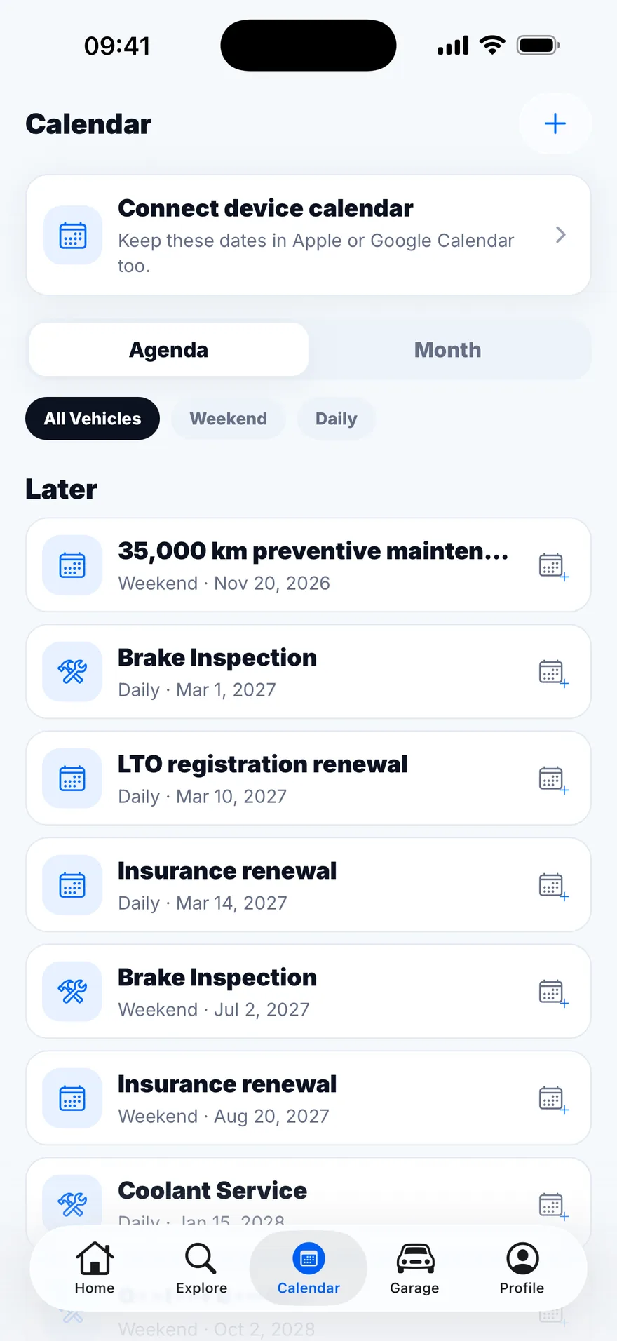 The Calendar tab listing upcoming items: a 35,000 km preventive maintenance, brake inspections, LTO registration and insurance renewals.