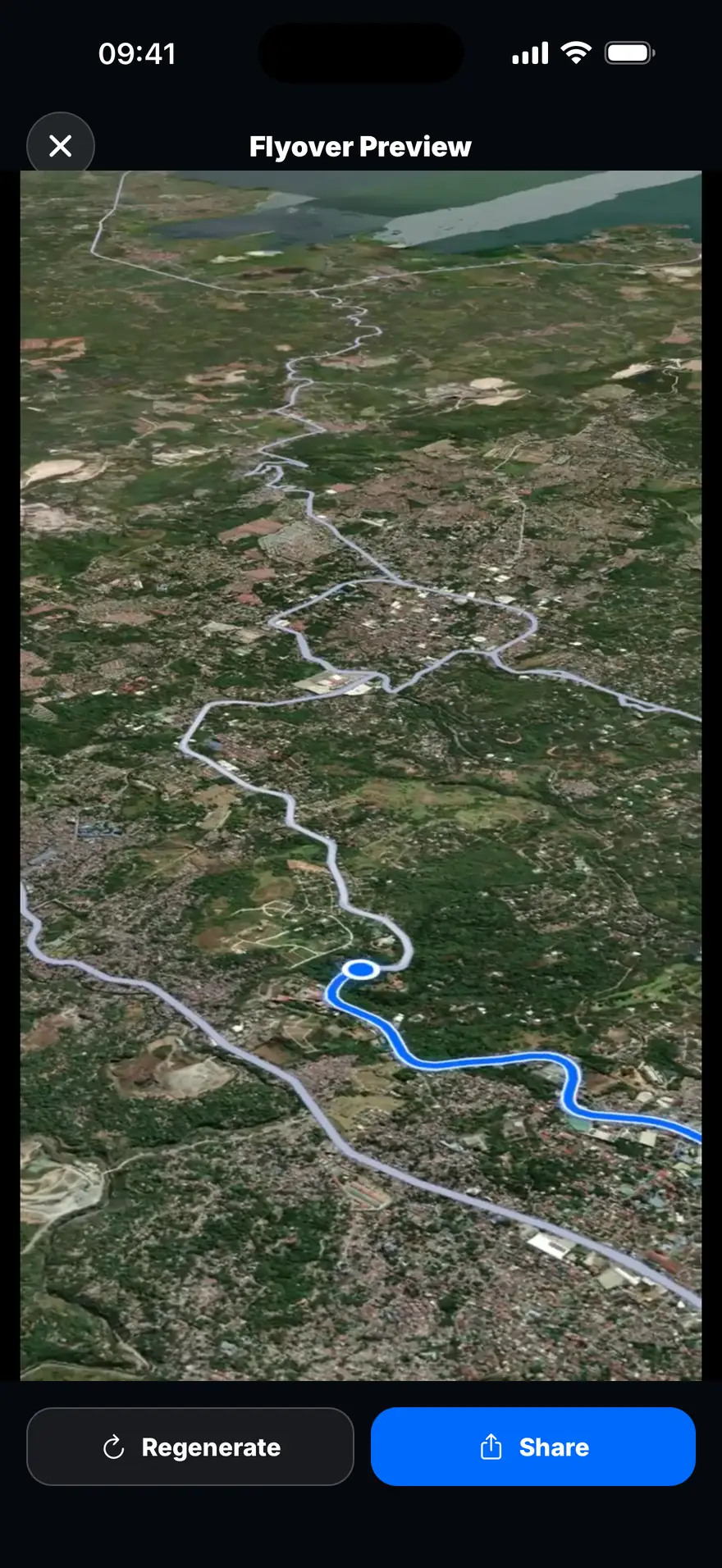 The flyover preview: the same drive traced in blue across a 3D satellite view, with Regenerate and Share buttons.