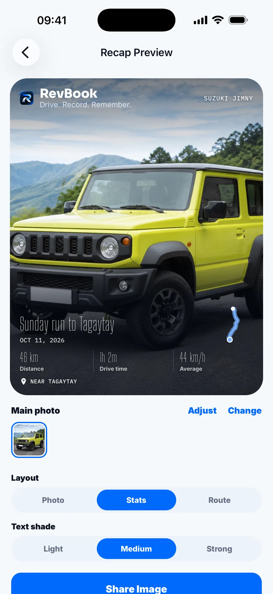 The recap preview: a photo of the Suzuki Jimny with Sunday run to Tagaytay, 46 km, 1 hour 2 minutes and 44 km/h laid over it, the route drawn beside them, and layout and text-shade options below.
