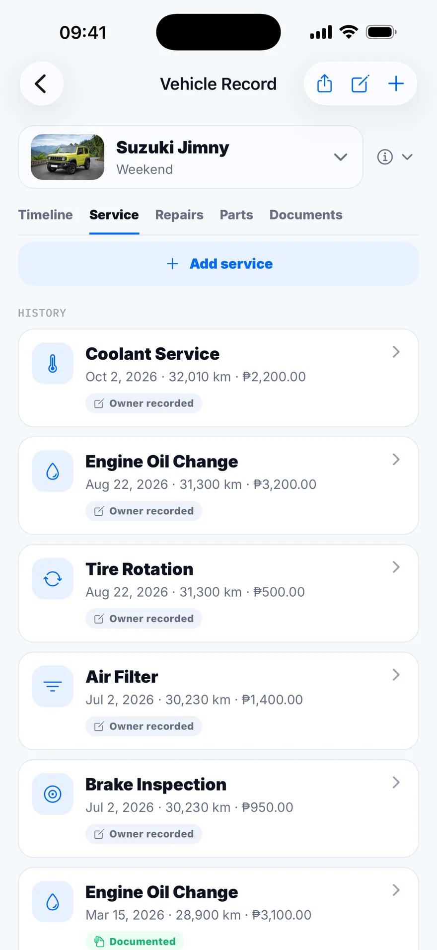 The Vehicle Record for a Suzuki Jimny, Service tab: coolant service, engine oil changes, tire rotation, air filter and brake inspection, each with its date, odometer reading and cost.
